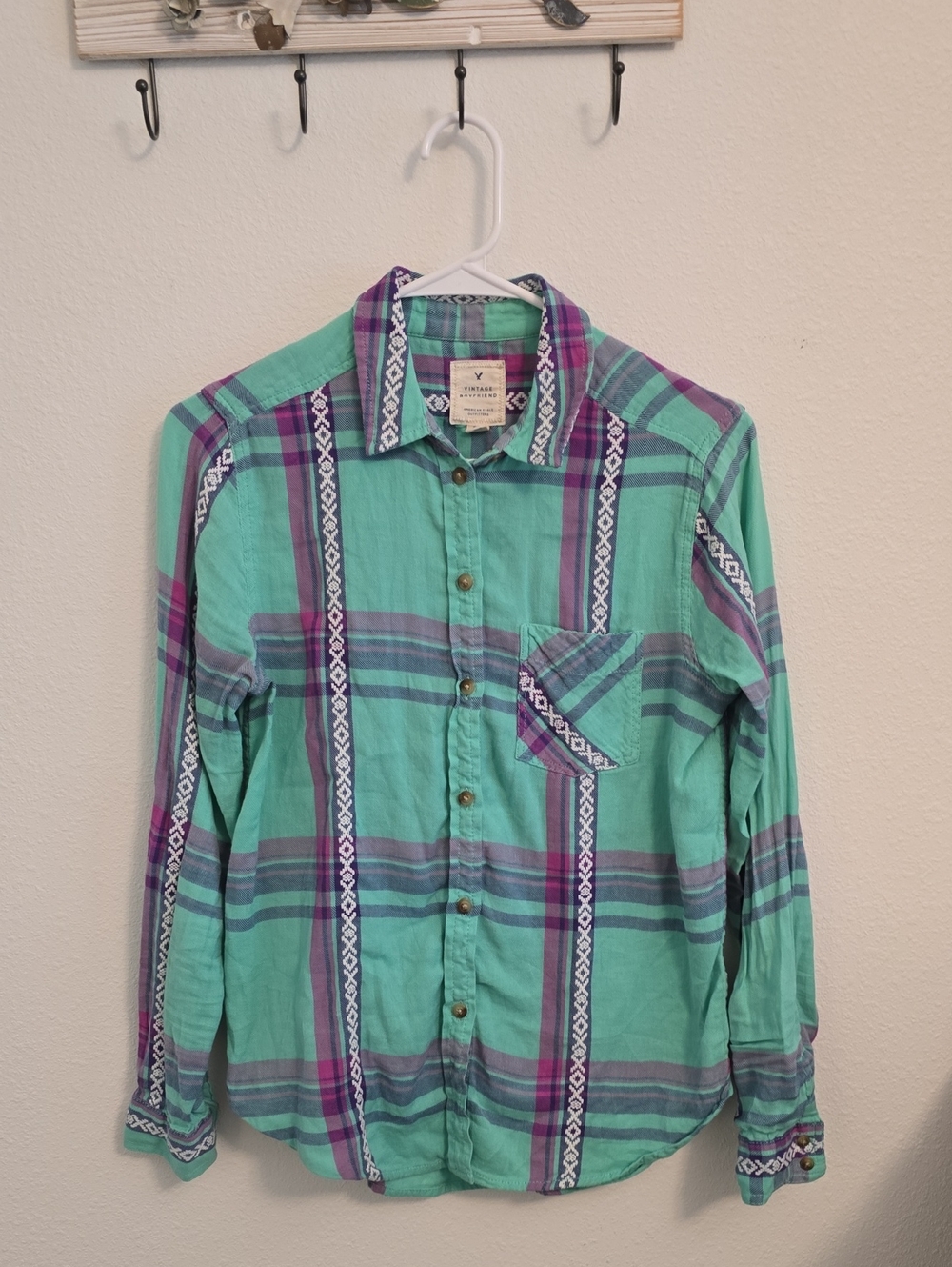American Eagle Outfitters Mint & Purple Plaid Vintage Boyfriend Shirt